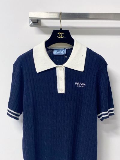 Prada Turn-Down Collar Short Sleeve Knit Top in Navy and White