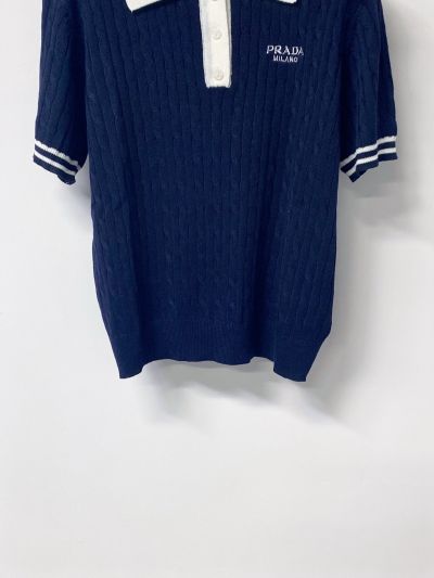Prada Turn-Down Collar Short Sleeve Knit Top in Navy and White