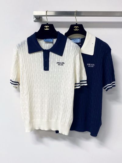 Prada Turn-Down Collar Short Sleeve Knit Top in Navy and White