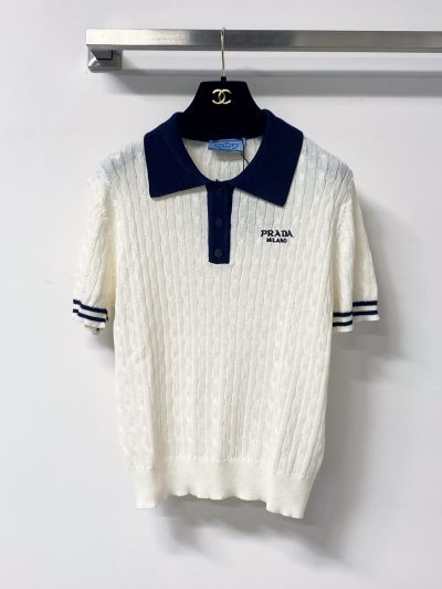 Prada Turn-Down Collar Short Sleeve Knit Top in White and Navy