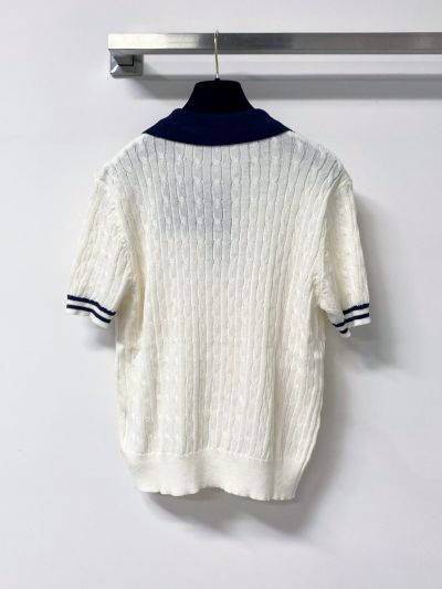 Prada Turn-Down Collar Short Sleeve Knit Top in White and Navy