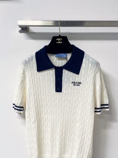Prada Turn-Down Collar Short Sleeve Knit Top in White and Navy