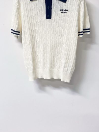 Prada Turn-Down Collar Short Sleeve Knit Top in White and Navy