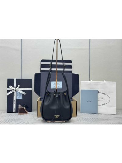 Prada Black Calf Leather Bucket Shoulder Bag 1BE087