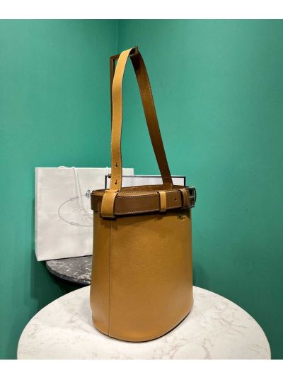 Prada Buckle Leather Bucket Shoulder Bags with Belt Brown 1BE085