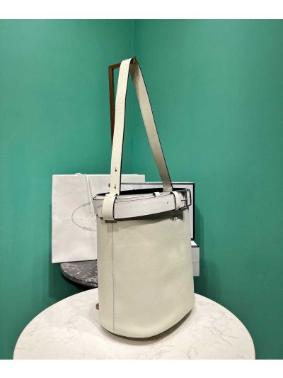 Prada Buckle Leather Bucket Shoulder Bags with Belt White 1BE085