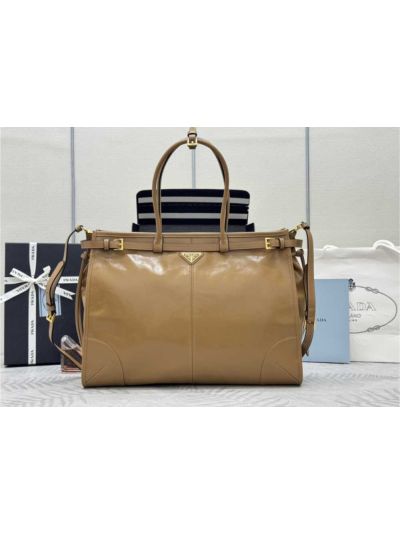 Prada Large Leather Top Handle Bag Brown 1BA439