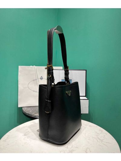 Prada Medium Black Leather Top Handle Panier Bucket Shoulder Bag 1BE080