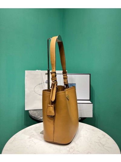 Prada Medium Brown Leather Top Handle Panier Bucket Shoulder Bag 1BE080