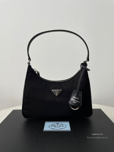 Prada Re-Nylon Hobo Shoulder Bag Black Saffiano Strap 1NE204