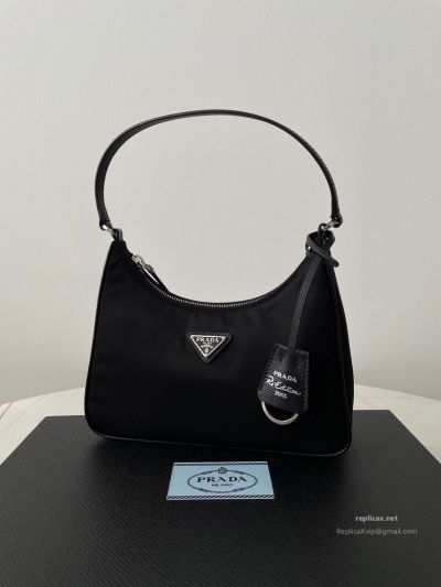 Prada Re-Nylon Hobo Shoulder Bag Black Saffiano Strap 1NE204
