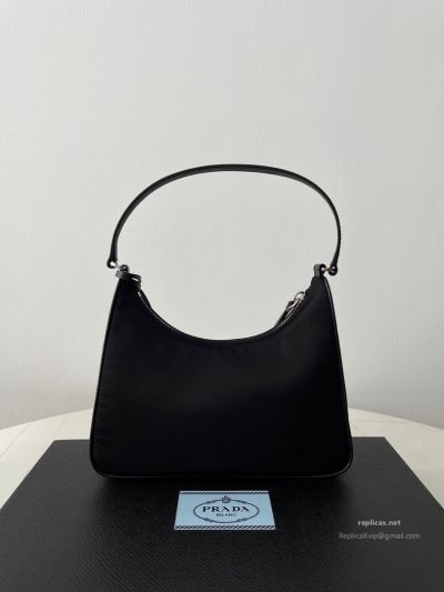 Prada Re-Nylon Hobo Shoulder Bag Black Saffiano Strap 1NE204