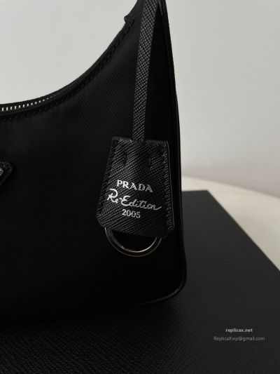Prada Re-Nylon Hobo Shoulder Bag Black Saffiano Strap 1NE204
