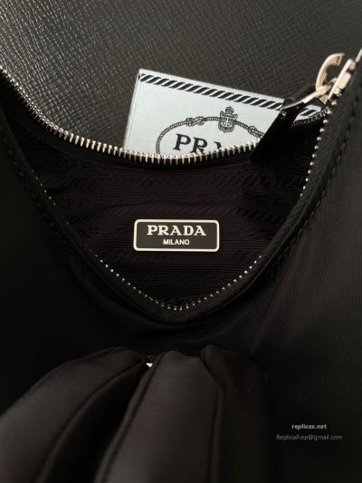 Prada Re-Nylon Hobo Shoulder Bag Black Saffiano Strap 1NE204
