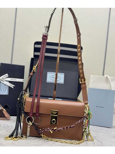 Prada Soft Sound Small Leather Shoulder Bag with Charms Brown 1BD379