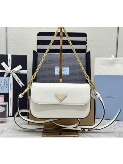 Prada Triangle Logo Saffiano Leather Mini Chain Shoulder Bag White 1BD356