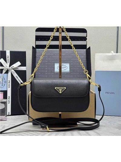 Prada Triangle Logo Saffiano Leather Mini Chain Shoulder Bag Black 1BD356
