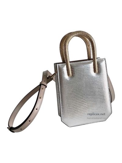 Bvlgari Serpentine Mini Tote Bag Silver Lizard-Embossed Calfskin