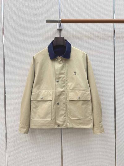 Saint Laurent Button-Front Contrast-Trim Jacket in Beige and Navy