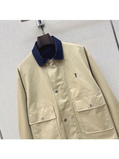 Saint Laurent Button-Front Contrast-Trim Jacket in Beige and Navy