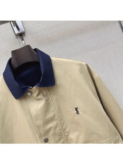 Saint Laurent Button-Front Contrast-Trim Jacket in Beige and Navy