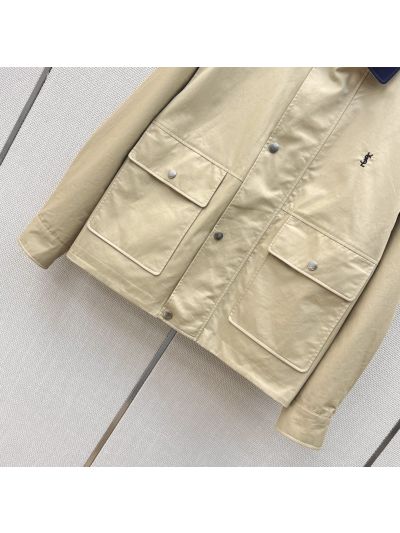 Saint Laurent Button-Front Contrast-Trim Jacket in Beige and Navy
