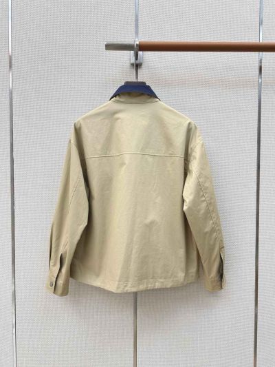 Saint Laurent Button-Front Contrast-Trim Jacket in Beige and Navy