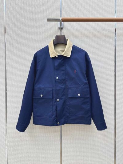 Saint Laurent Button-Front Contrast-Trim Jacket in Beige and Navy