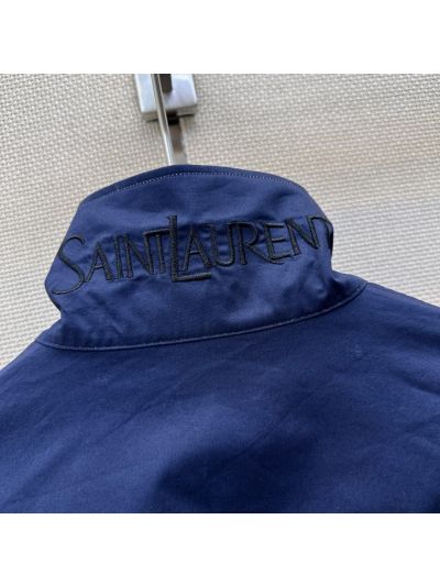 Saint Laurent Button-Front Contrast-Trim Jacket in Beige and Navy