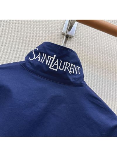 Saint Laurent Button-Front Contrast-Trim Jacket in Navy and White