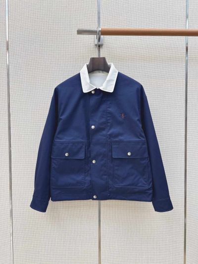Saint Laurent Button-Front Contrast-Trim Jacket in Navy and White