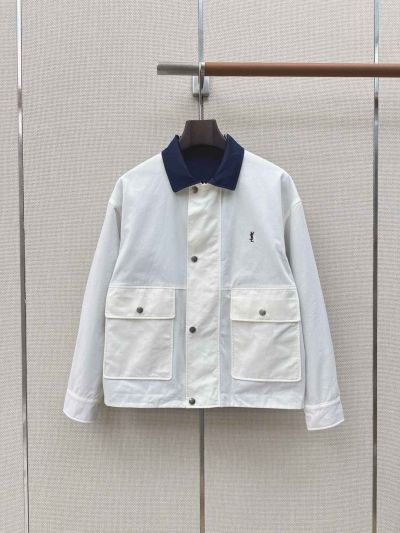 Saint Laurent Button-Front Contrast-Trim Jacket in Navy and White