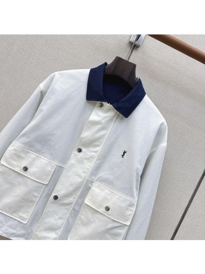 Saint Laurent Button-Front Contrast-Trim Jacket in Navy and White