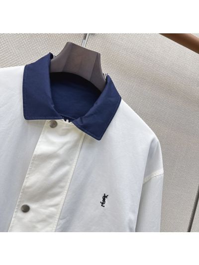 Saint Laurent Button-Front Contrast-Trim Jacket in Navy and White