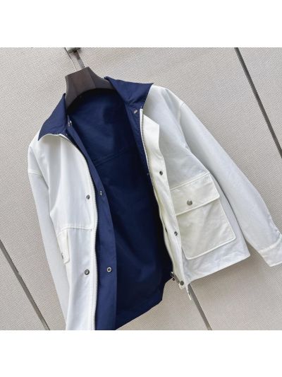 Saint Laurent Button-Front Contrast-Trim Jacket in Navy and White