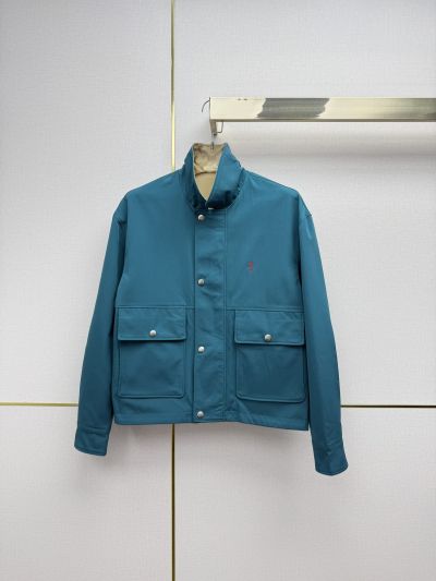 Saint Laurent Button-Front Cropped Jacket in Beige and Blue