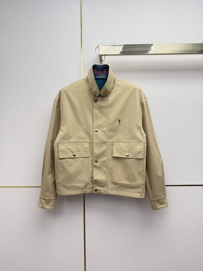 Saint Laurent Button-Front Cropped Jacket in Beige and Blue