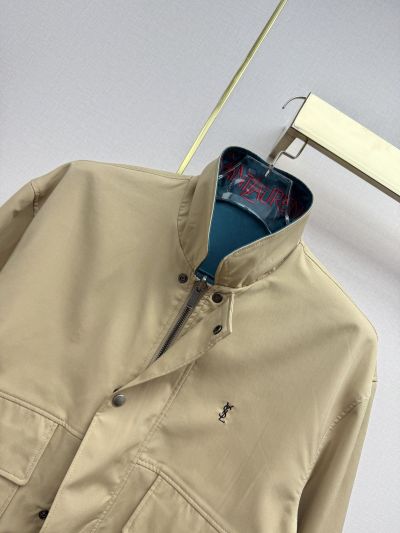 Saint Laurent Button-Front Cropped Jacket in Beige and Blue