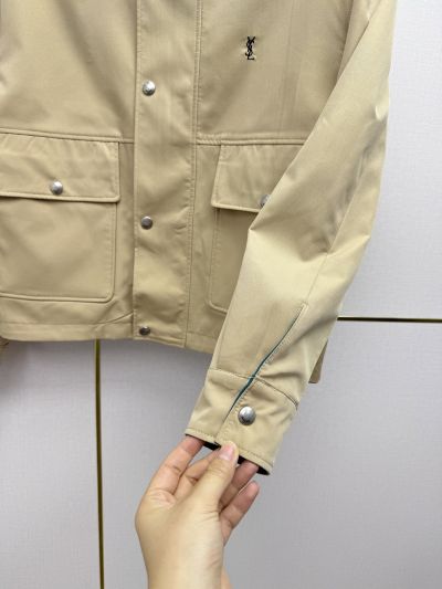 Saint Laurent Button-Front Cropped Jacket in Beige and Blue