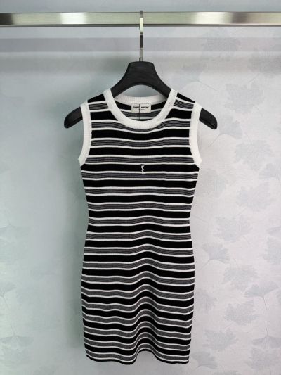 Saint Laurent Crew Neck Sleeveless Dress in Black and White
