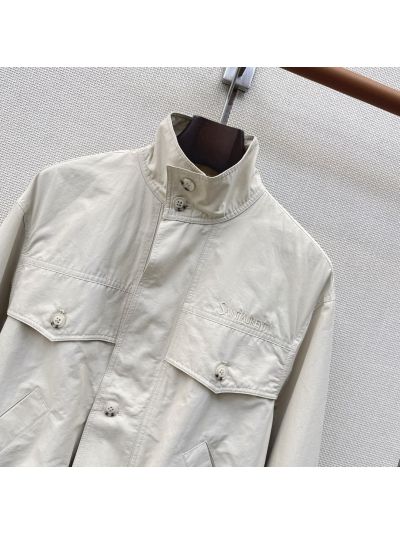 Saint Laurent Embroidered Button-Front Jacket in Beige