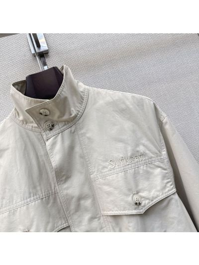 Saint Laurent Embroidered Button-Front Jacket in Beige
