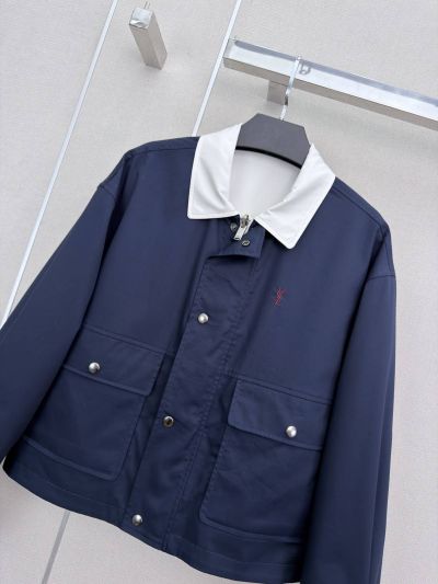 Saint Laurent Embroidered Button-Front Jacket in Navy and White