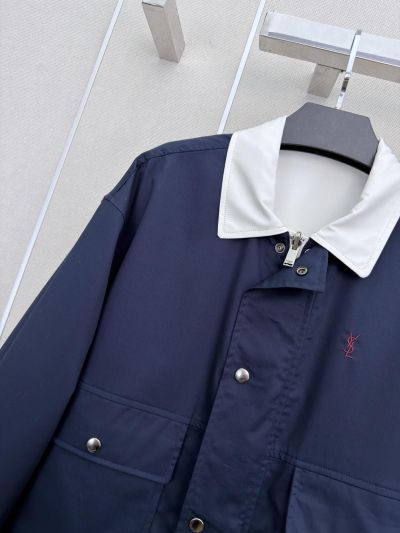 Saint Laurent Embroidered Button-Front Jacket in Navy and White