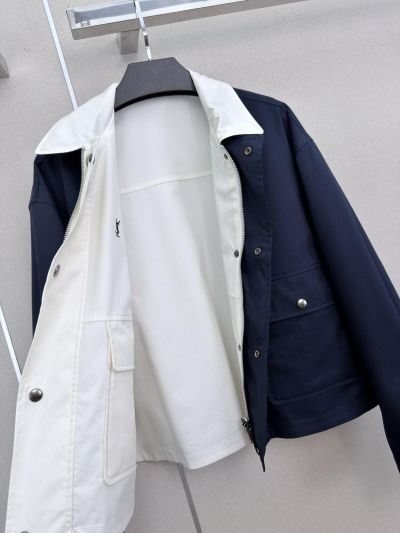 Saint Laurent Embroidered Button-Front Jacket in Navy and White