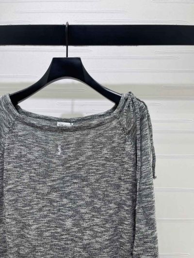 Saint Laurent Long Sleeve Embroidered Knit Top in Grey