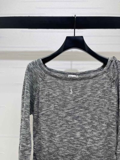 Saint Laurent Long Sleeve Embroidered Knit Top in Grey