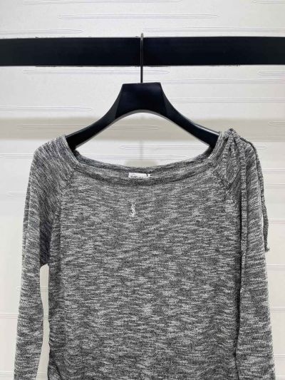 Saint Laurent Long Sleeve Embroidered Knit Top in Grey