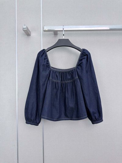 Saint Laurent Puff Sleeve Denim Top in Navy