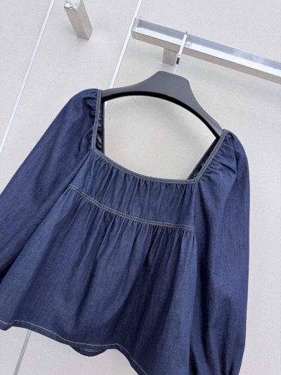 Saint Laurent Puff Sleeve Denim Top in Navy